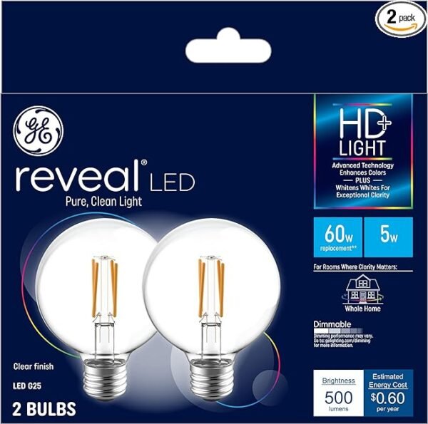 GE Reveal - Bombillas LED, 60 vatios, bombillas globo G25, base mediana (paquete de 2)