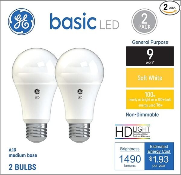 GE Bombillas LED básicas, 100 vatios, blanco suave, A19, base mediana (paquete de 2)