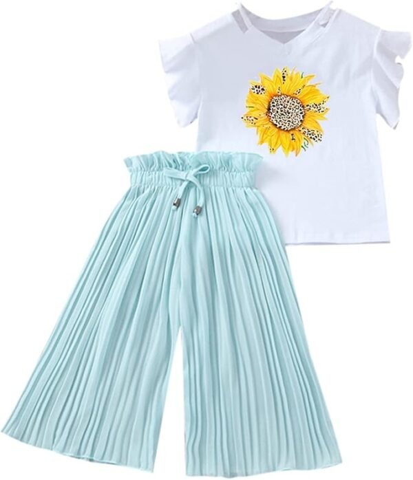 Toddler Kids Girls Summer Clothes Cute Sunflower T Shirt Tops Chiffon Ruched Loose Wide Leg Pants Set Teen Casual Outfitºººººººººººººººººººººººººººººººººººººººººººººººº