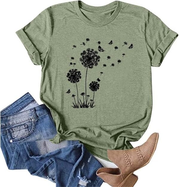 FONMA Casual Tops for Women 2025 Summer Dandelion Printed Crew Neck Short Sleeve Shirt Loose Daily Workout Blouse