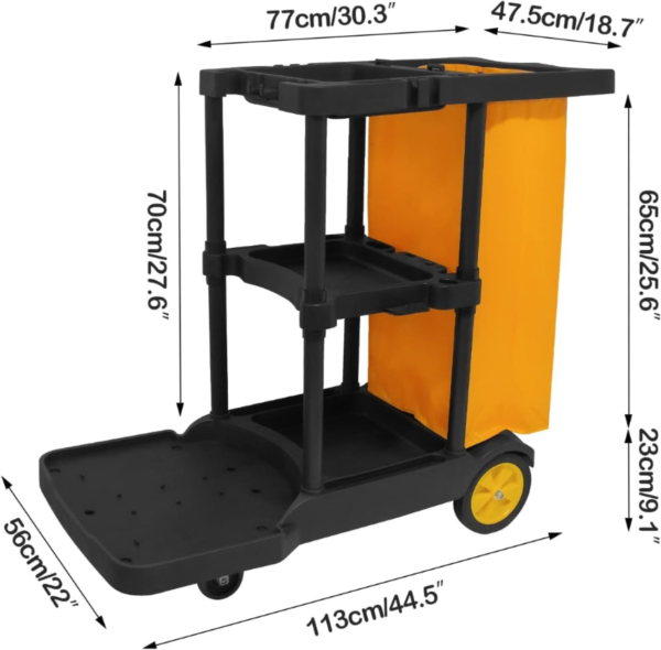 ybaymy Janitorial Cart Commercial Cleaning Cart with 3 Tier Shelves 200 lbs Capacity Plastic Housekeeping Cart on Wheels Portable Trolley with Rubbish Bag for Hotel, Restaurant, Office(Black+Yellow) - Image 4