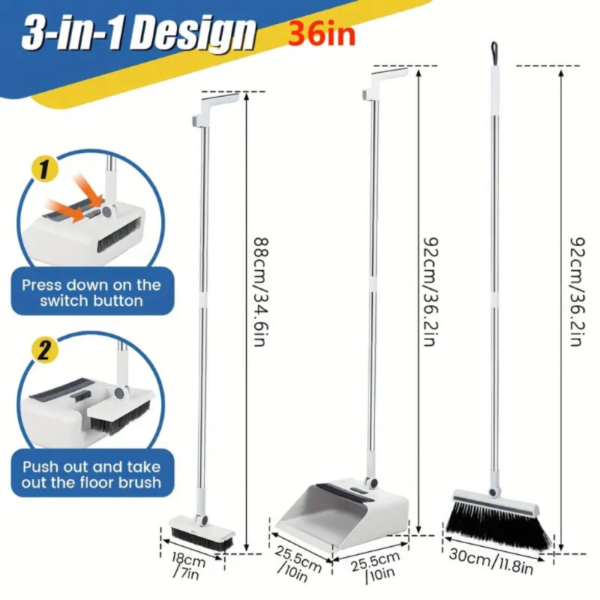 1set Heavy-Duty 3-in-1 Broom and Dustpan Set with Floor Brush, Long Handle, Metal Construction for Indoor and Outdoor Cleaning - Image 2