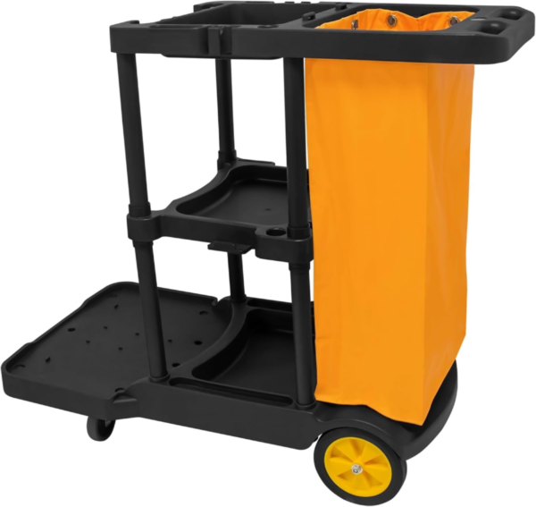 ybaymy Janitorial Cart Commercial Cleaning Cart with 3 Tier Shelves 200 lbs Capacity Plastic Housekeeping Cart on Wheels Portable Trolley with Rubbish Bag for Hotel, Restaurant, Office(Black+Yellow) - Image 5