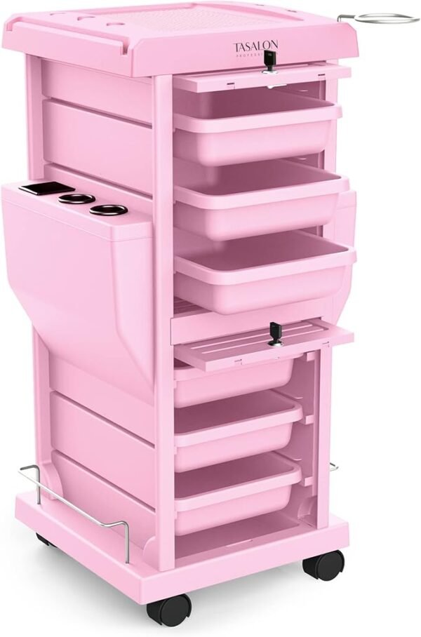 TASALON Ultimate Rolling Cart for Salon Stations - Space Saving, Lockable 6 Tray Salon Trolley with 2 Tray Holders - Hair Beauty Cart Upgrade - Pink