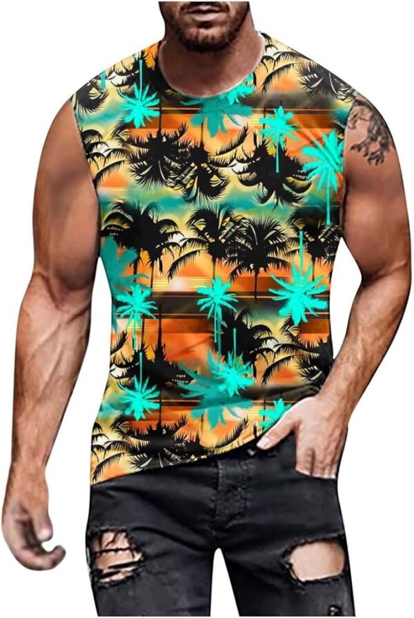 Visumz Hawaiian Printed Vests Men Summer Round Neck Sleeves Tunic Camisole Beach Sports Daily Vest Camis