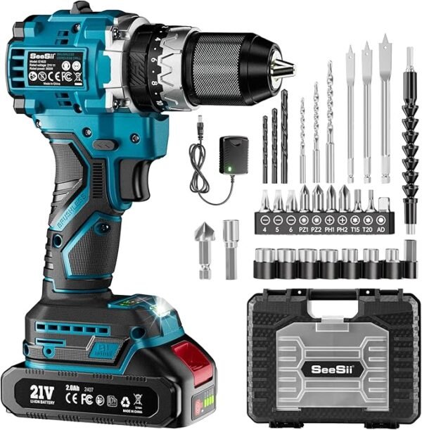 Seesii 20V Power Cordless Drill Set 60NM, Brushless 1/2" Electric Power Drill Driver Tool Kit with Battery&Charger, 20+3 Torque Setting+2 Speed, Drill Set Gift for Home and DIY