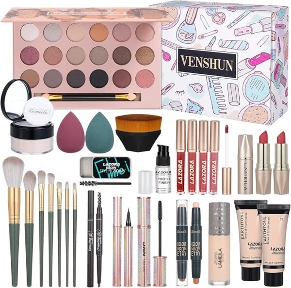 All in One Makeup Kit for Women Full Set Girl Makeup Essentials Set Includes Foundation 18 Color Eyeshadow Palette Lipstick Eyebrow Pencil