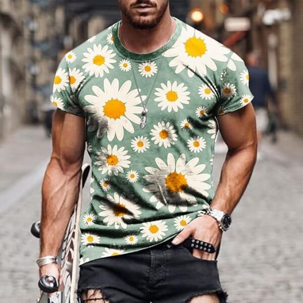 Gradient Shirts Men Short Sleeve Floral Print T-Shirts Summer Fashion Vintage Round Neck T-Shirts