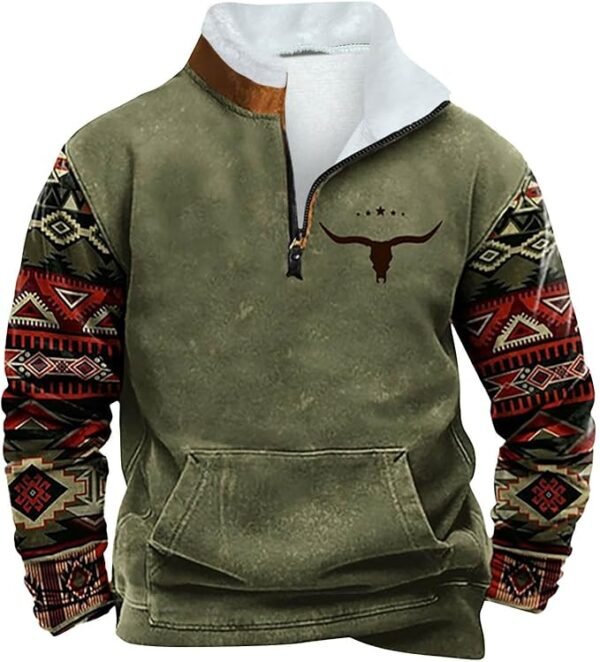 Men Print Retro Sweatshirts Ethnic Printed Stand-up Neck Zipper Long Sleeve Comfy Pullover Loose Vintage Shirts
