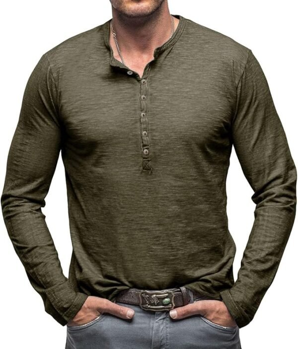 Long Sleeve Shirt for Men Relaxed Fit Comfort Linen Henley T Shirt Button up Pullover Casual Golf Athletic Gym Tops
